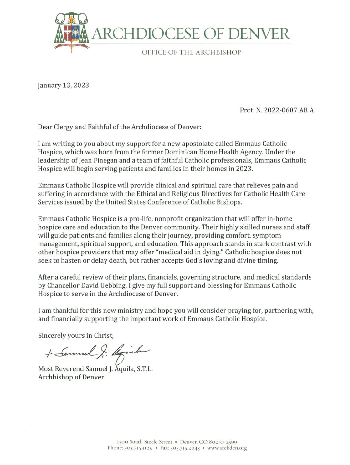 Letter of full support and blessing from Archbishop Aquila for Emmaus Catholic Hospice